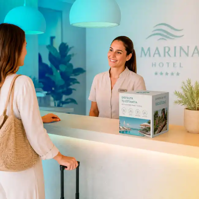 Cubo Expositor PLV publicitario en recepción de hotel