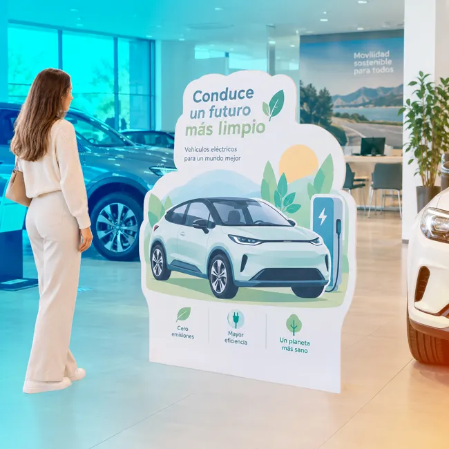 Silueta PLV troquelada con peana en concesionario de coches